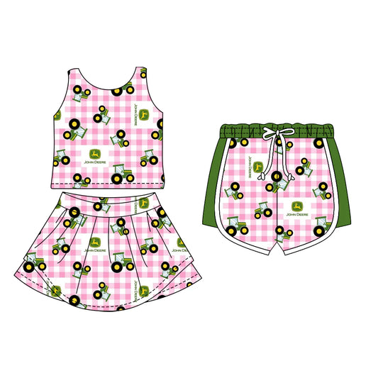 ( Moq 5 Each Style ) Sibling Baby Girls Sleeveless Trucks Tops Pink Plaid Shorts Skirt Set