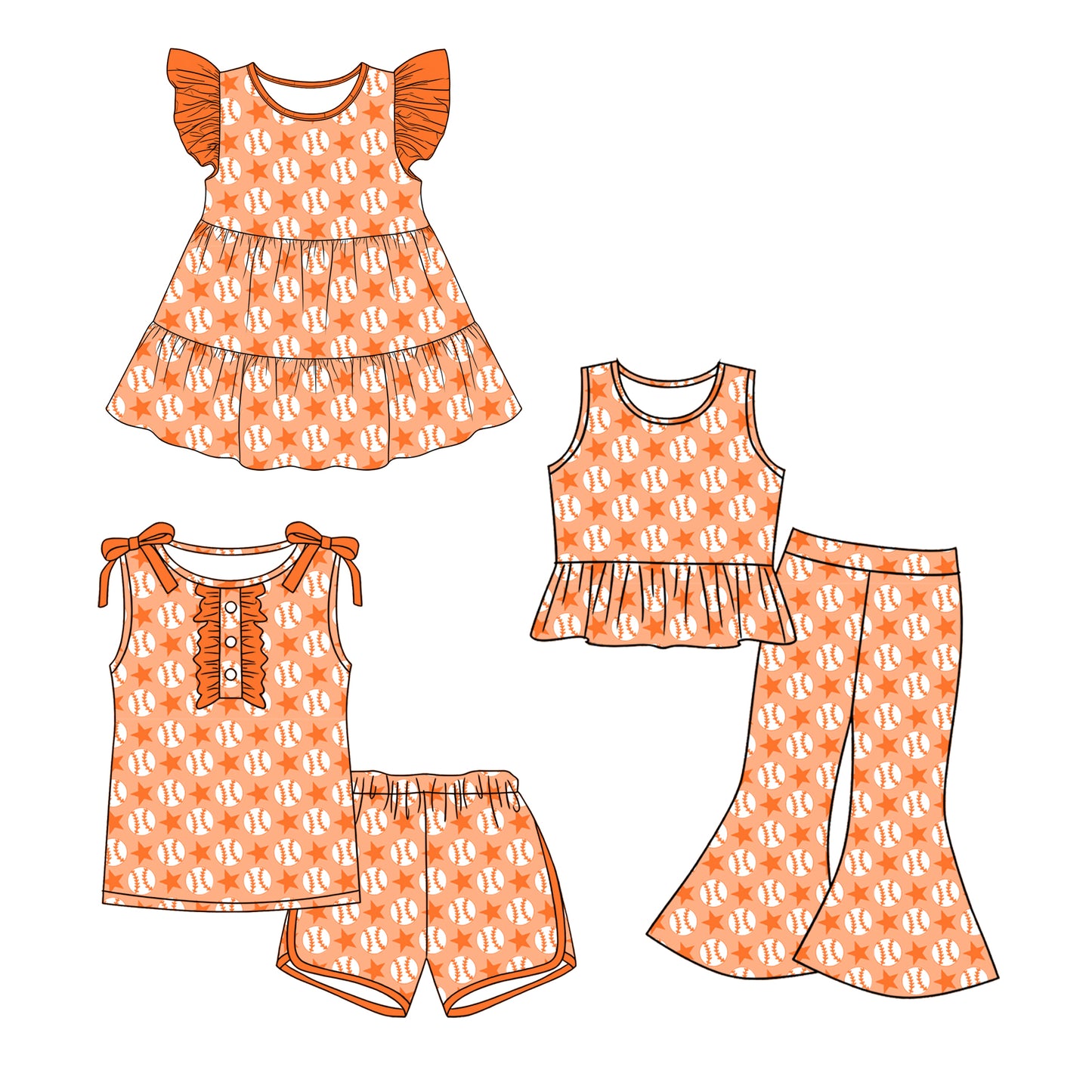 ( Moq 5 Each Style ) Sibling Baby Girls Toddler Baseball Stars Orange Dress Sets