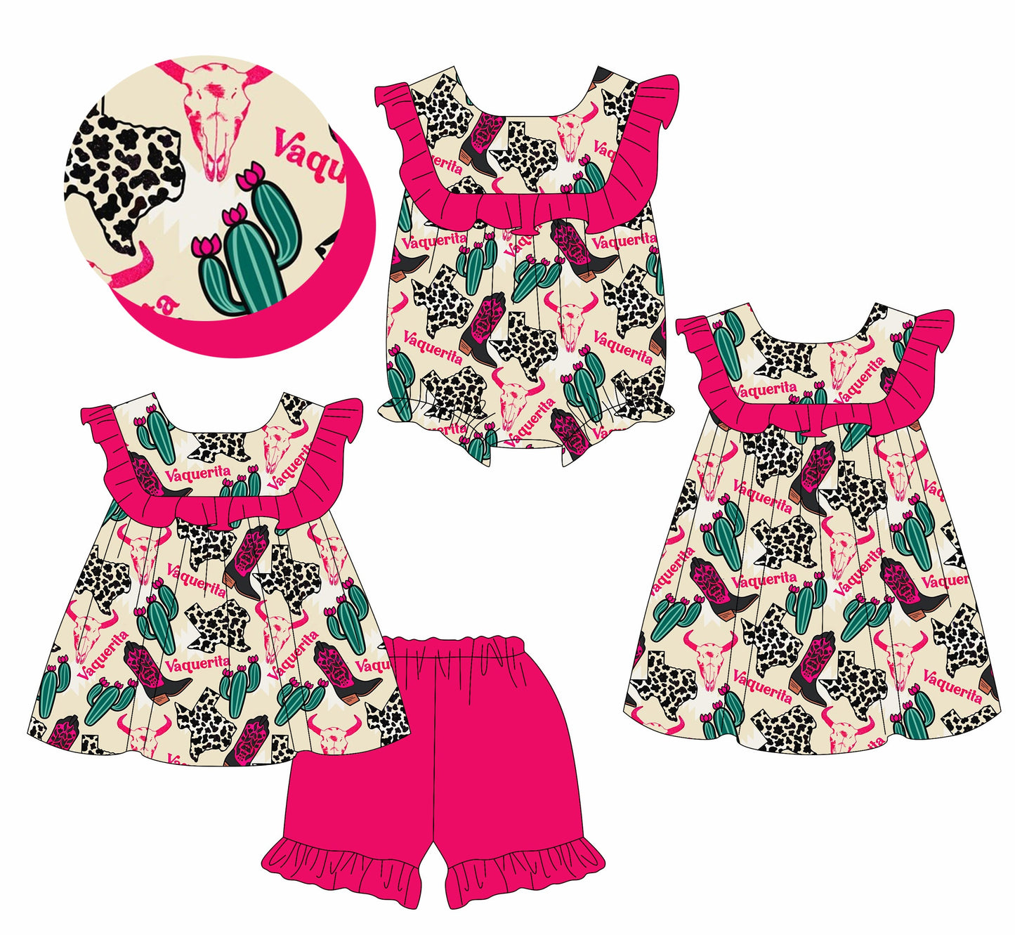 Baby Girl Western Cow Cactus Ruffle Sibling Romper Dress Set ( Moq 5 Each Style ) 3.10