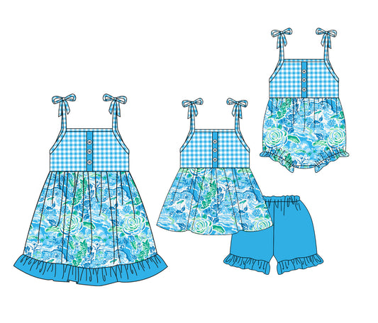 ( Moq 5 Each Style ) Baby Girl Straps Flower Plaid Sibling Romper Dress Set 3.27