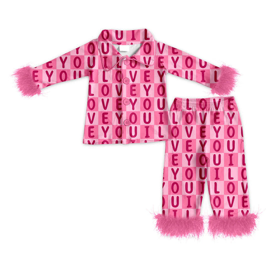 ( Moq 5 ) Baby Girls Fur Long Sleeves Love Buttons Shirt Pants Pajamas Set