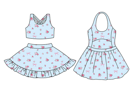 ( Moq 5 Each Style ) Baby Girl Sleeveless Flower Bows Blue Sibling Skort Dress Set 3.22