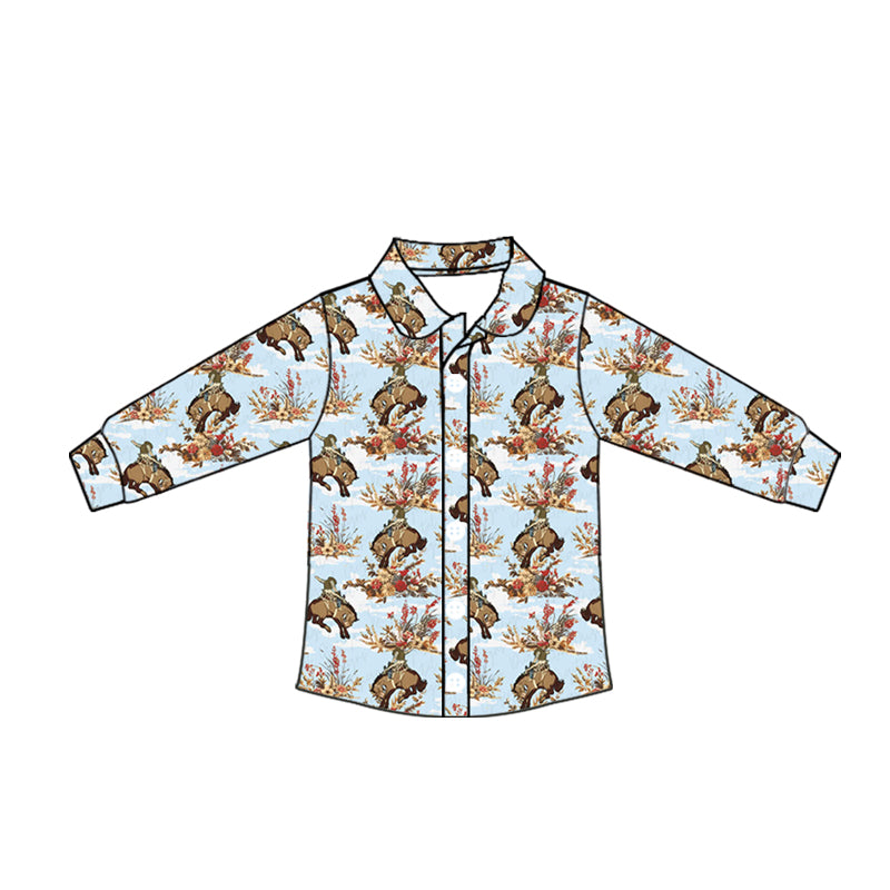 ( Moq 5 ) Baby Boy Long Sleeves Horse Rodeo Button Shirt Tops