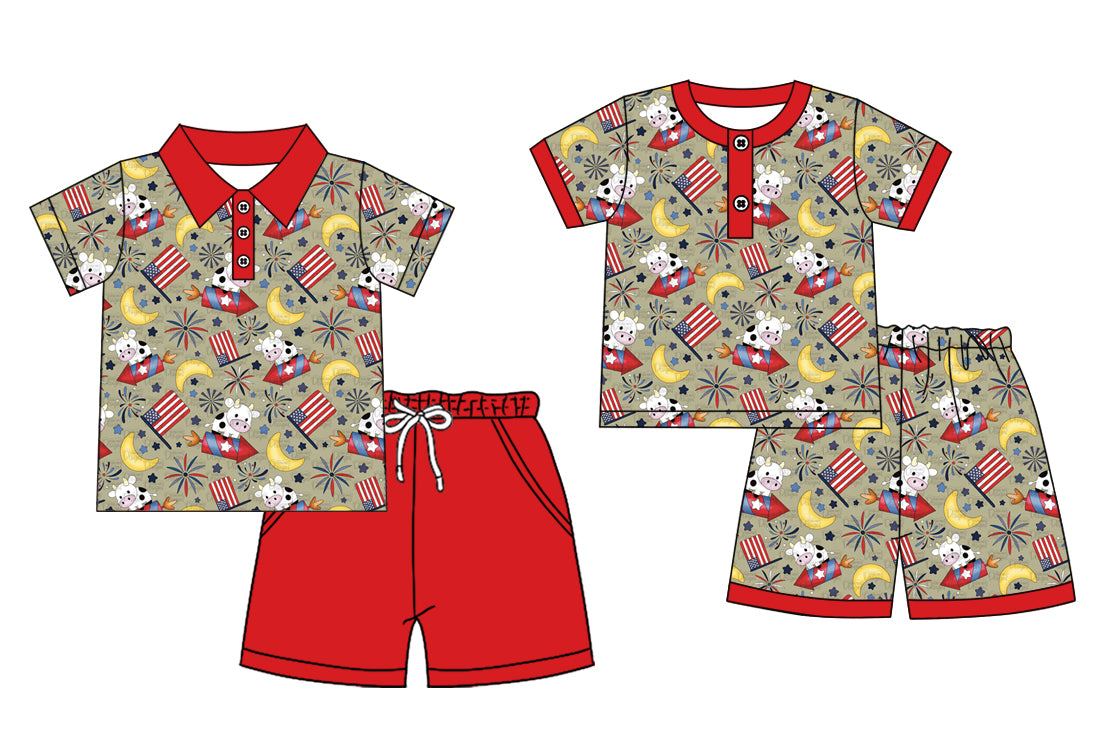 ( Moq 5 Each Style ) Sibling Baby Boys Kids Short Sleeves Flags Shirts Shorts Sets 4th of July Clothes