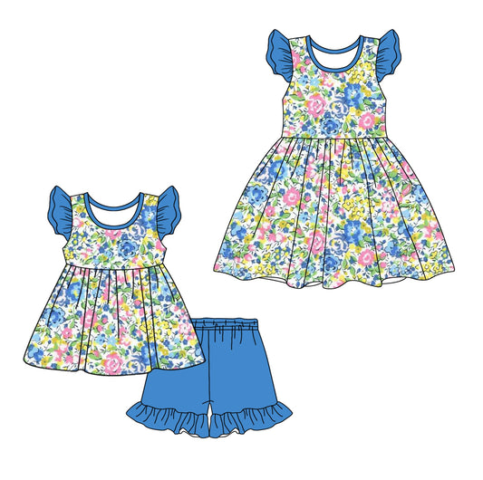 Baby Girl Short Sleeves Flower Blue Sibling Dress Clothes Set ( Moq 5 Each Design ) 12.9