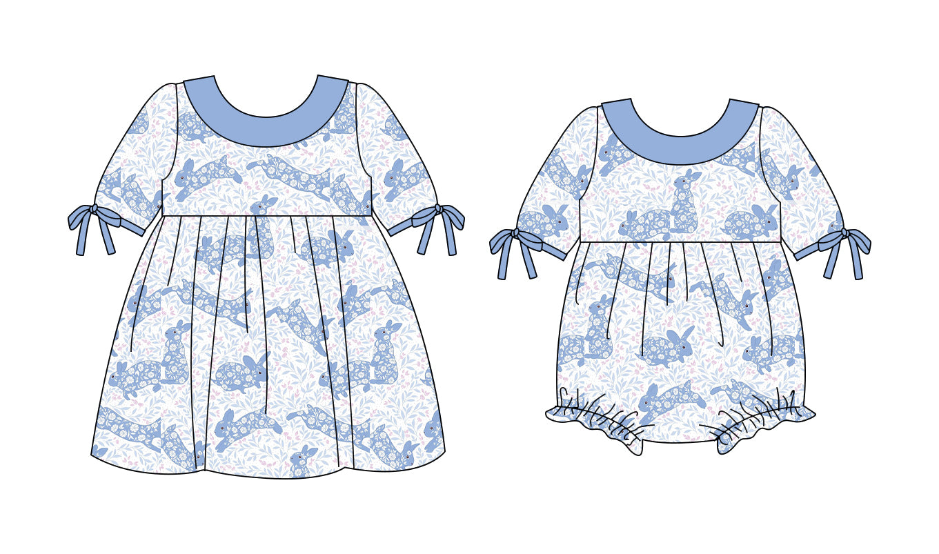 ( Moq 5 Each Style ) Girls Kids Short Sleeves Floral Rabbits Easter Sibling Romper Dress