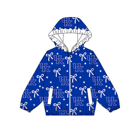 ( Moq 5 ) Custom Baby Girl Kids Bows Pockets Zipper Ruffle Hoodie Blue Coat Team Tops