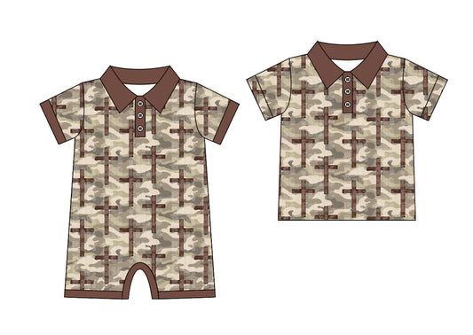 ( Moq 5 Each Style ) Baby Boys Short Sleeves Crosses Camo Sibling Hunting Buttons Romper Set