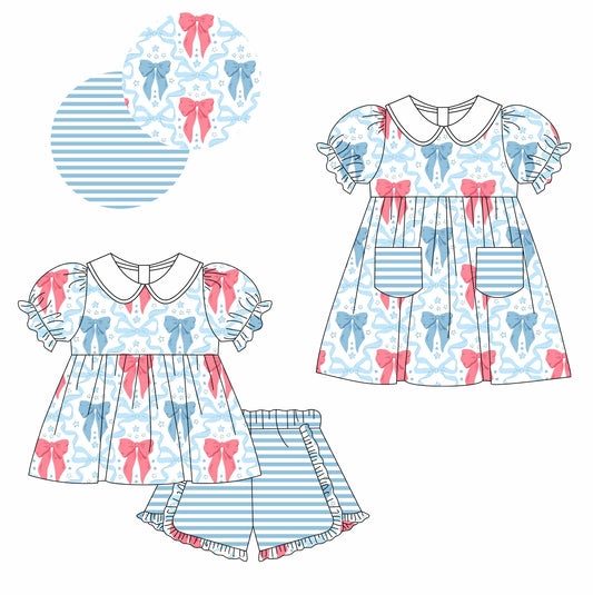Baby Girl Short Sleeves Bows Sibling Dress Clothes Set ( Moq 5 Each Design )