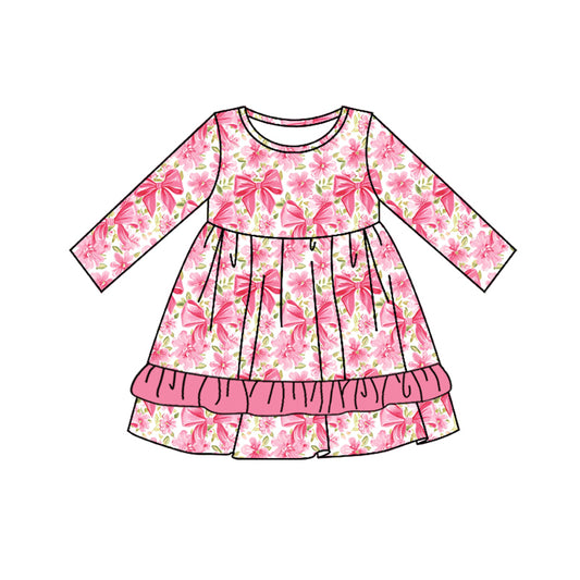 Baby Girl Long Sleeves Bows Flower Pink Dress