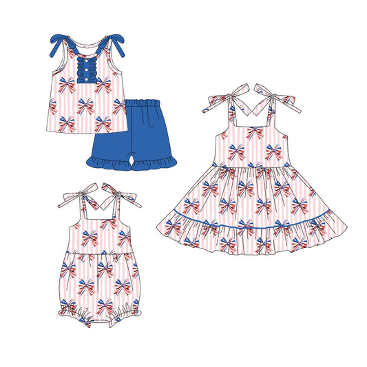 ( Moq 5 Each Style ) Baby Girl Sleeveless Bows Stripes 4th Of July Sibling Romper Dress Set 4.16