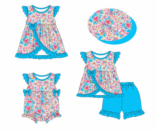 Baby Girl Flower Blue Bows Sibling Romper Dress Set ( Moq 5 Each Style ) 1.14