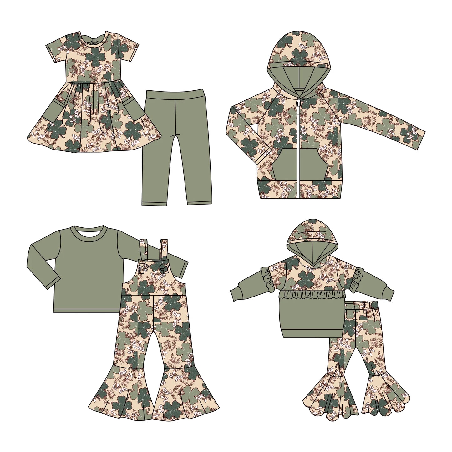 ( Moq 5 Each Style ) Baby Girls Clovers Flower St. Patrick's Day Sibling Hoodie Shirt Sets