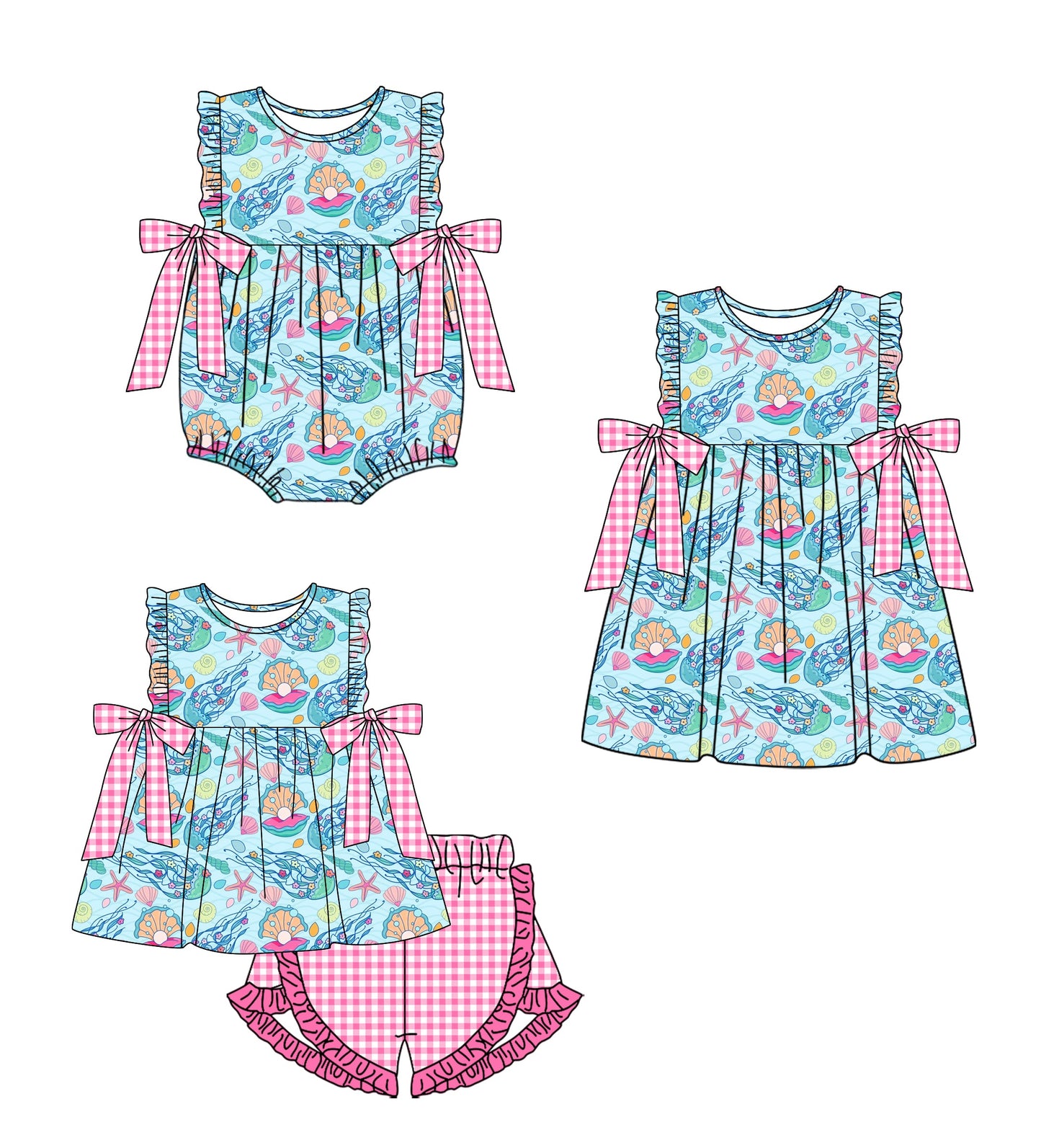 Baby Girl Shells Bows Sibling Romper Dress Set ( Moq 5 Each Style ) 1.9