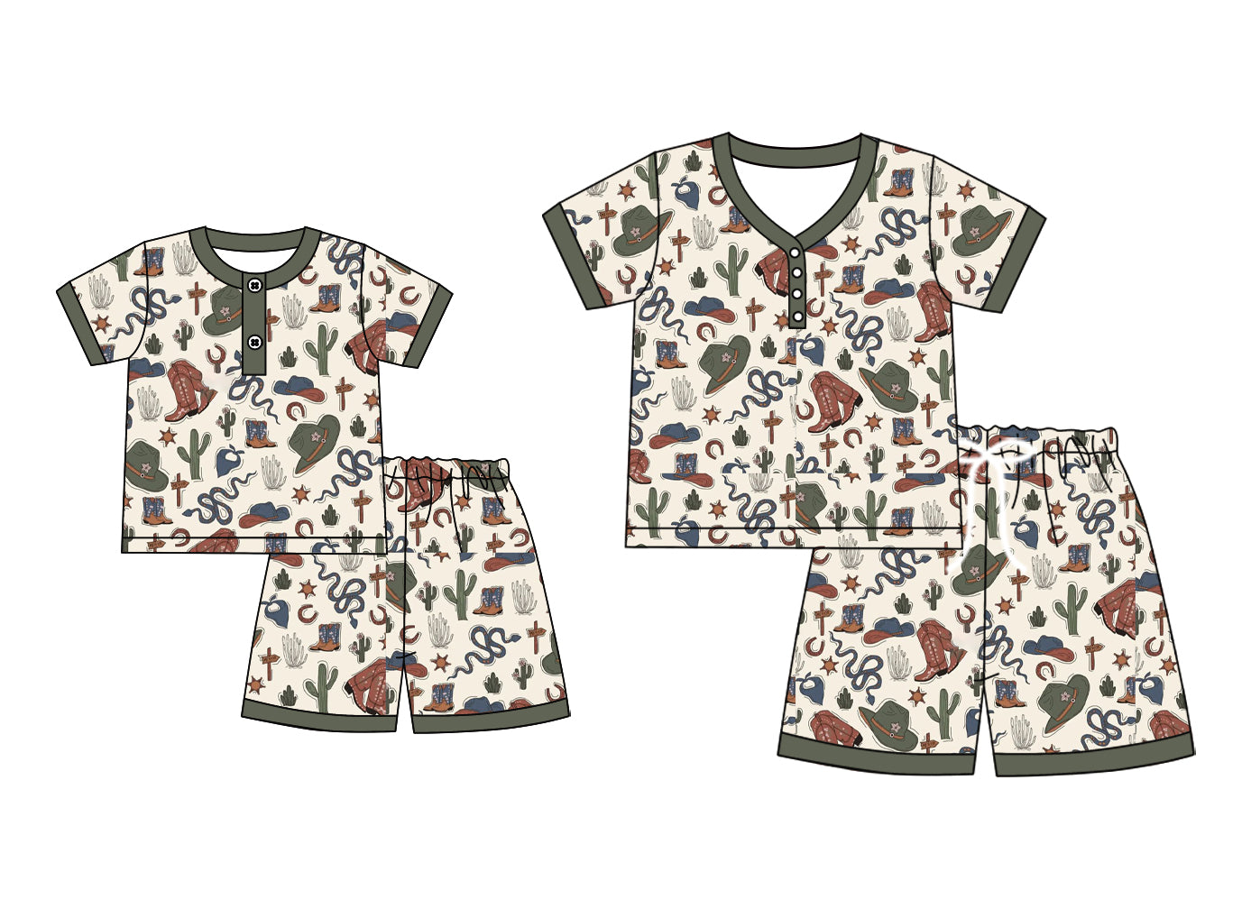 ( Moq 5 Each Style ) Baby Girl Adult Women Western Boots Cactus Buttons Shorts Sibling Mommy And Me Family Pajamas Set 4.19