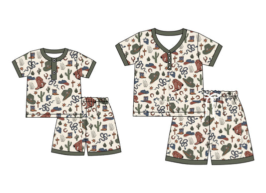 ( Moq 5 Each Style ) Baby Girl Adult Women Western Boots Cactus Buttons Shorts Sibling Mommy And Me Family Pajamas Set 4.19