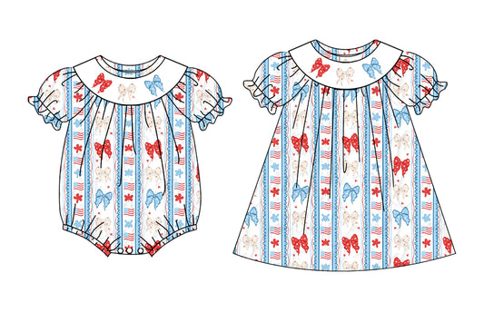 ( Moq 5 Each Style ) Sibling Baby Girls Kids Short Sleeves Bows Flags 4th of July Romper Dress