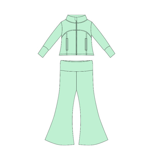 ( Moq 10 ) Baby Girl Long Sleeves Pockets Zipper Shirt Bell Bottom Pants Set