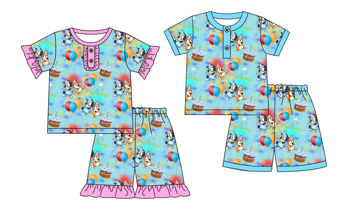 Baby Boy Girl Short Sleeves Dogs Birthday Sibling Pajamas Set ( Moq 5 Each Style ) 3.18