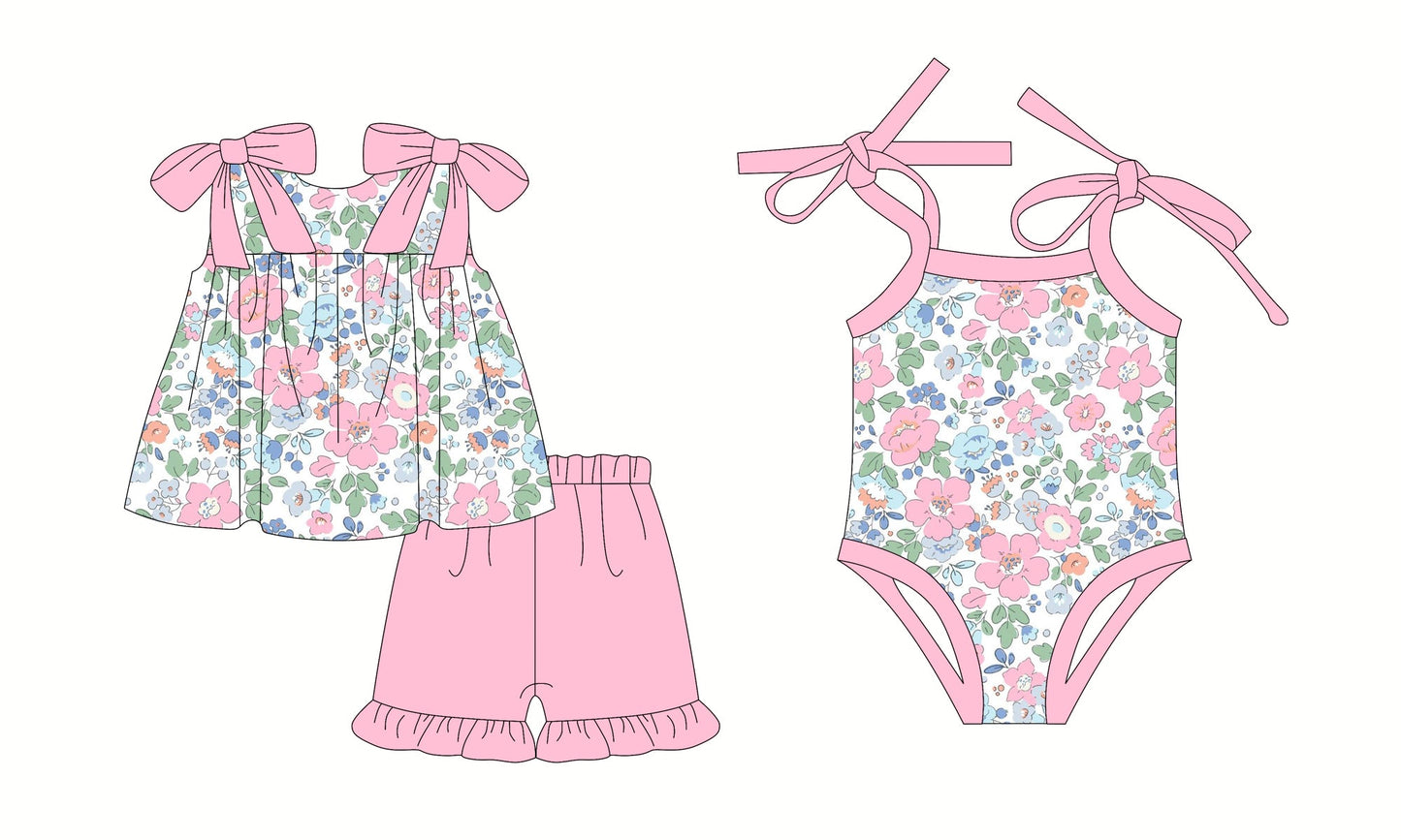 Baby Girl Straps Bows Flower Pink Sibling Romper Set ( Moq 5 Each Style ) 2.28