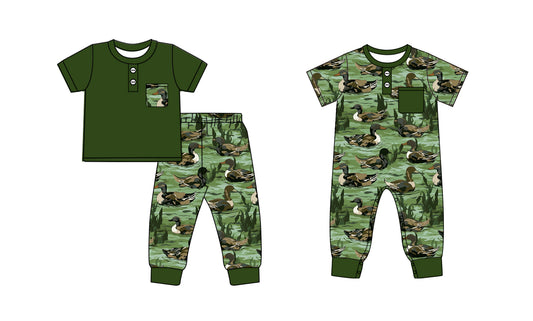 ( Moq 5 Each Style ) Boys Kids Short Sleeves Ducks Green Sibling Pocket Romper Set