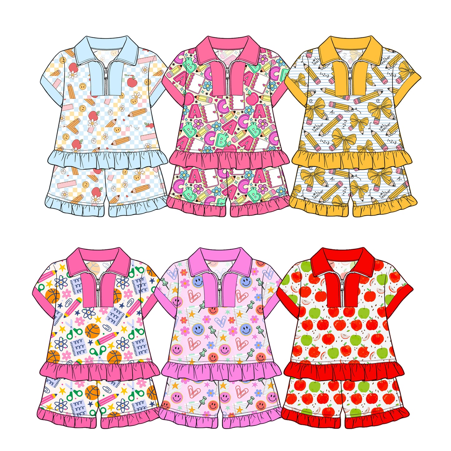 ( Moq 5 Each Style ) Sibling Baby Girls Kids Short Sleeves Zipper Shirts Shorts Back to School Sets