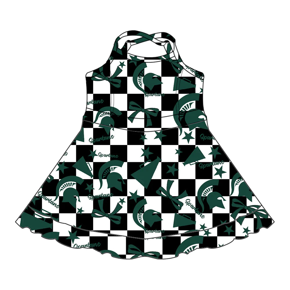 ( Moq 5 each style ) Baby Girl Toddler Team Green Bows Cheer Sibling Checked Dress Set 6.30