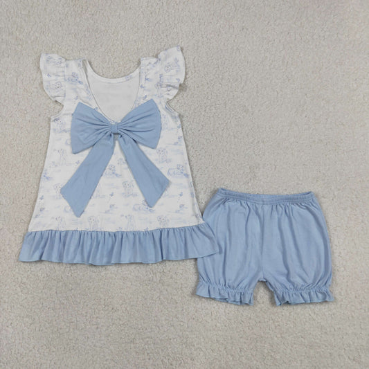 Baby Girls Kids Sleeveless Dogs Tops Blue Shorts Clothes Set RTS