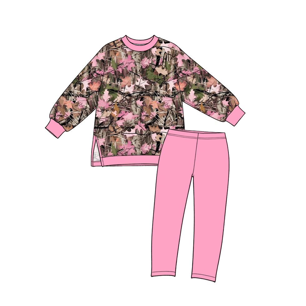 ( Moq 5 ) Preorder Baby Girls Kids Leaves Tops Pink Leggings Yoga Active Set Camo Clothes
