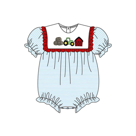 ( Moq 5 ) Preorder Baby Girl Kids Short Sleeves Tractor Farm Blue Stripes Bubble Romper