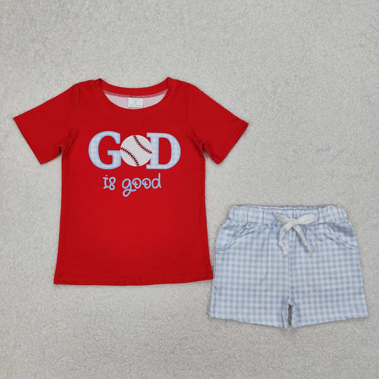 Baby Boy Short Sleeves God is Good Baseball Red Shirt Checked Pockets Shorts Set RTS