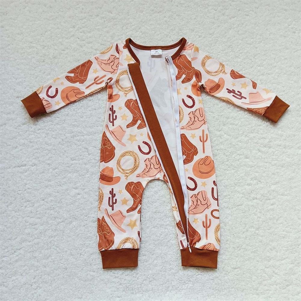 LR0431 Baby Boy Western Boots Cactus Long Sleeves Zipper Romper