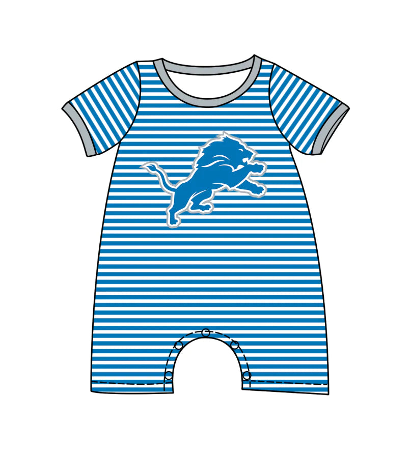 ( Moq 5 ) Baby Boys Kids Short Sleeves Blue Stripes Lion Team Romper