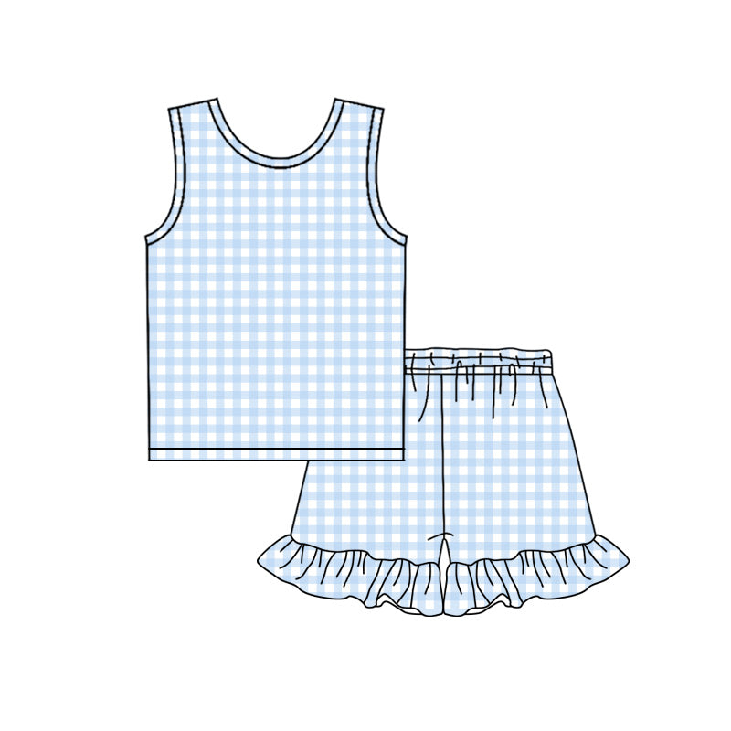 ( Moq 5 ) Preorder Baby Girls Kids Sleeveless Blue Plaid Tops Ruffle Shorts Set Summer Clothes