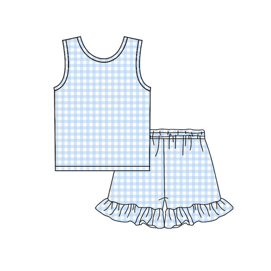 ( Moq 5 ) Preorder Baby Girls Kids Sleeveless Blue Plaid Tops Ruffle Shorts Set Summer Clothes