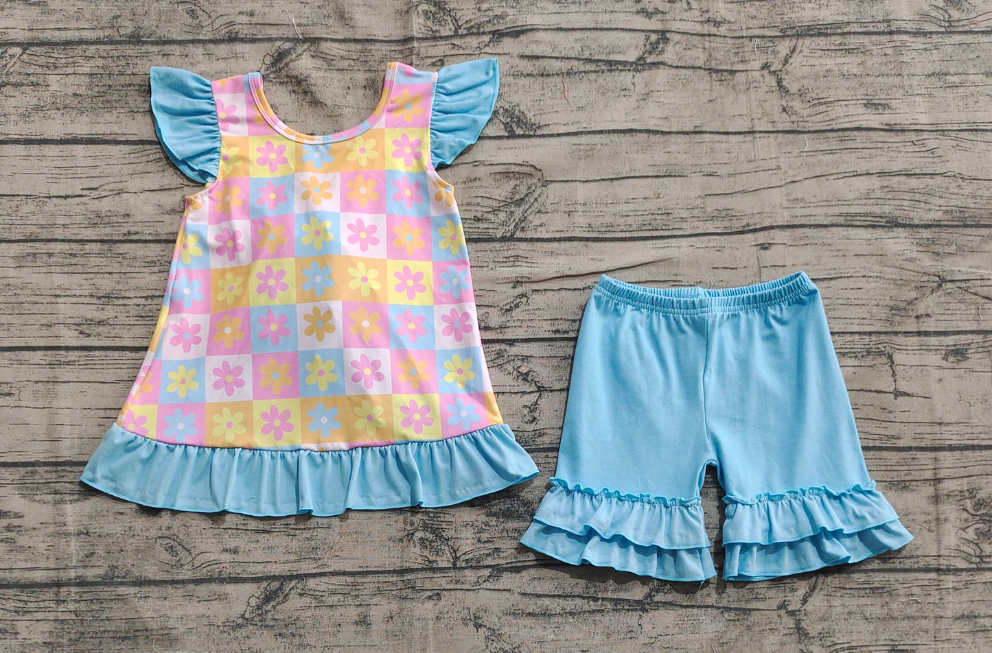 Baby Girl Short Sleeves Flower Plaid Bow Tunic Ruffle Blue Shorts Set RTS