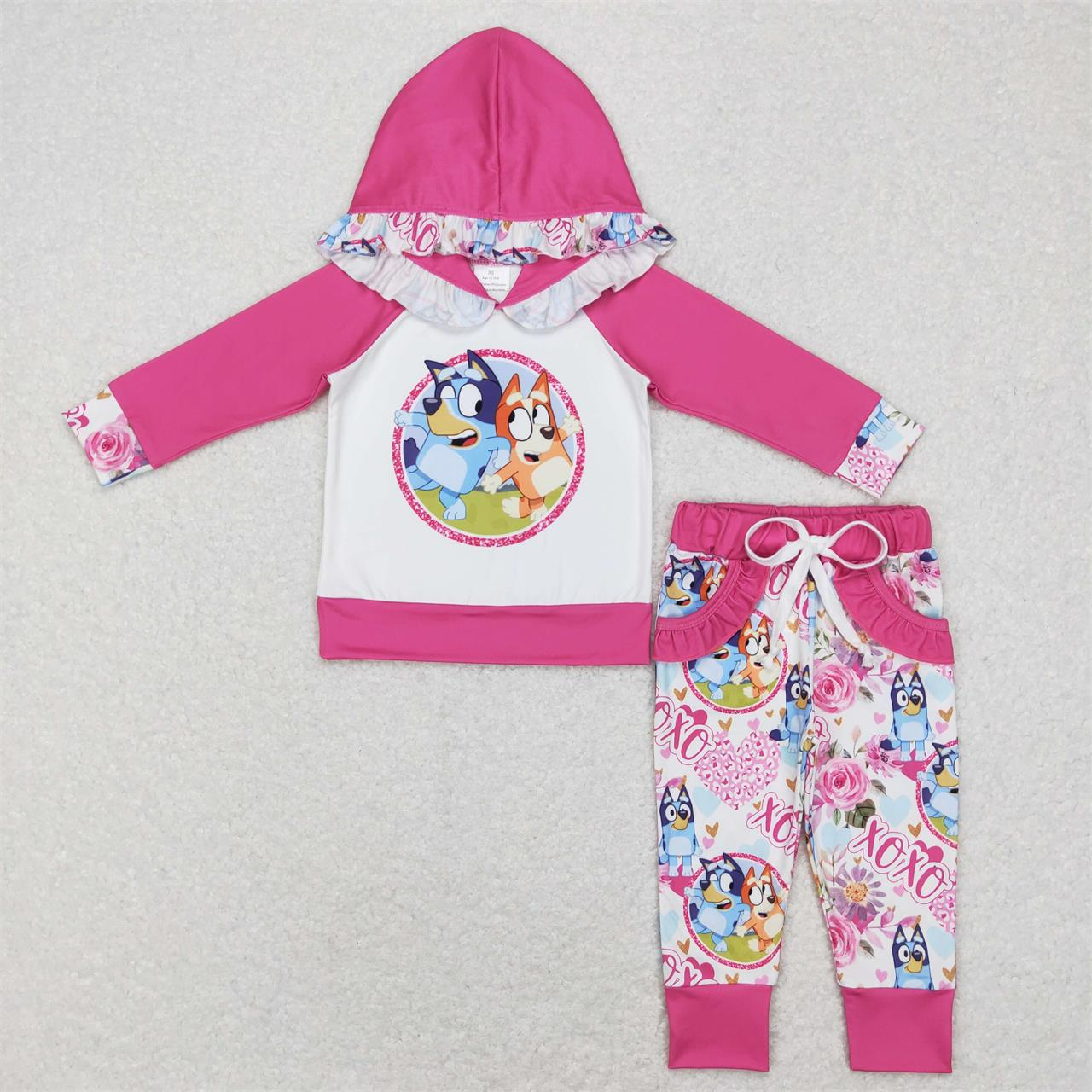 GLP0985 Baby Girl Long Sleeves Hoodie Shirt Pocket Dogs Pants Valentine's Day Set