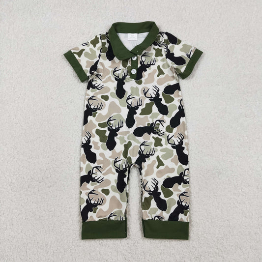 Baby Boys Short Sleeves Deer Camo Hunting Buttons Green Romper RTS