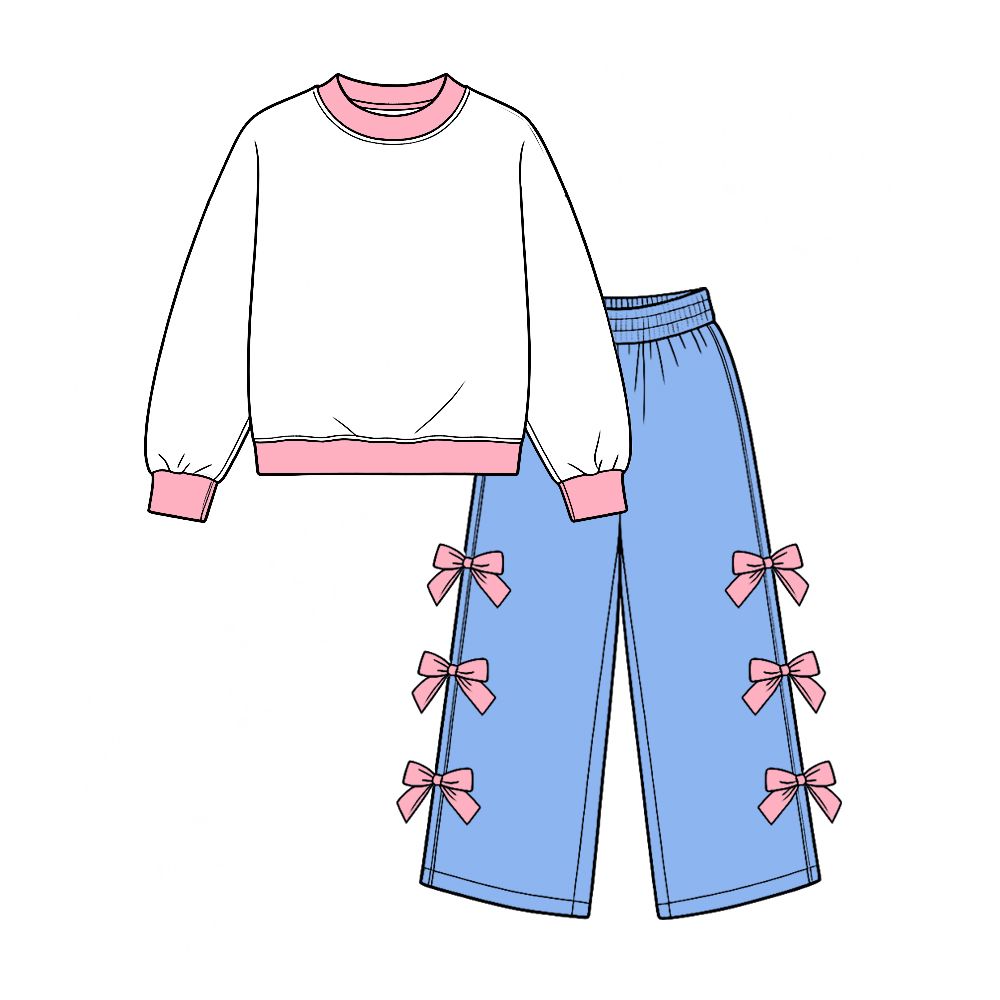 ( Moq 5 ) Preorder Baby Girls Kids Long Sleeves White Shirt Bows Blue Pants Set Cotton Clothes