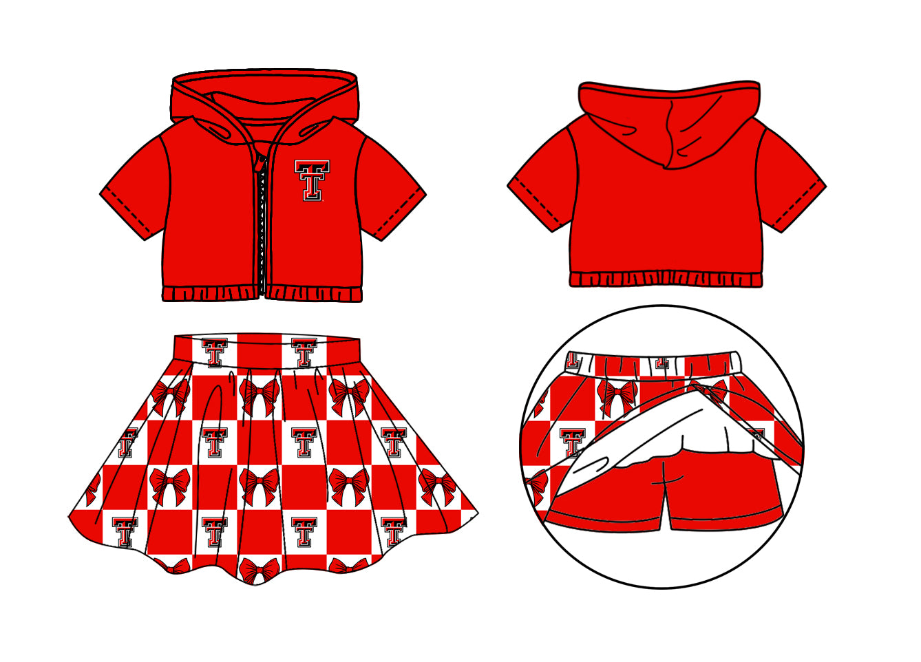 ( Moq 5 Each Style ) Baby Girls Kids Short Sleeves TT Hoodie Zipper Tops Bows Plaid Shorts Skirt Team Set