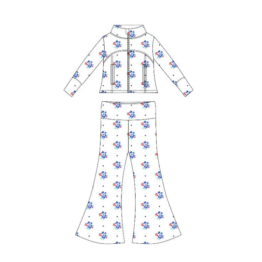 ( Moq 10 ) Baby Girl Long Sleeves Flower Dots Pockets Zipper Tops Bell Bottom Pants Set