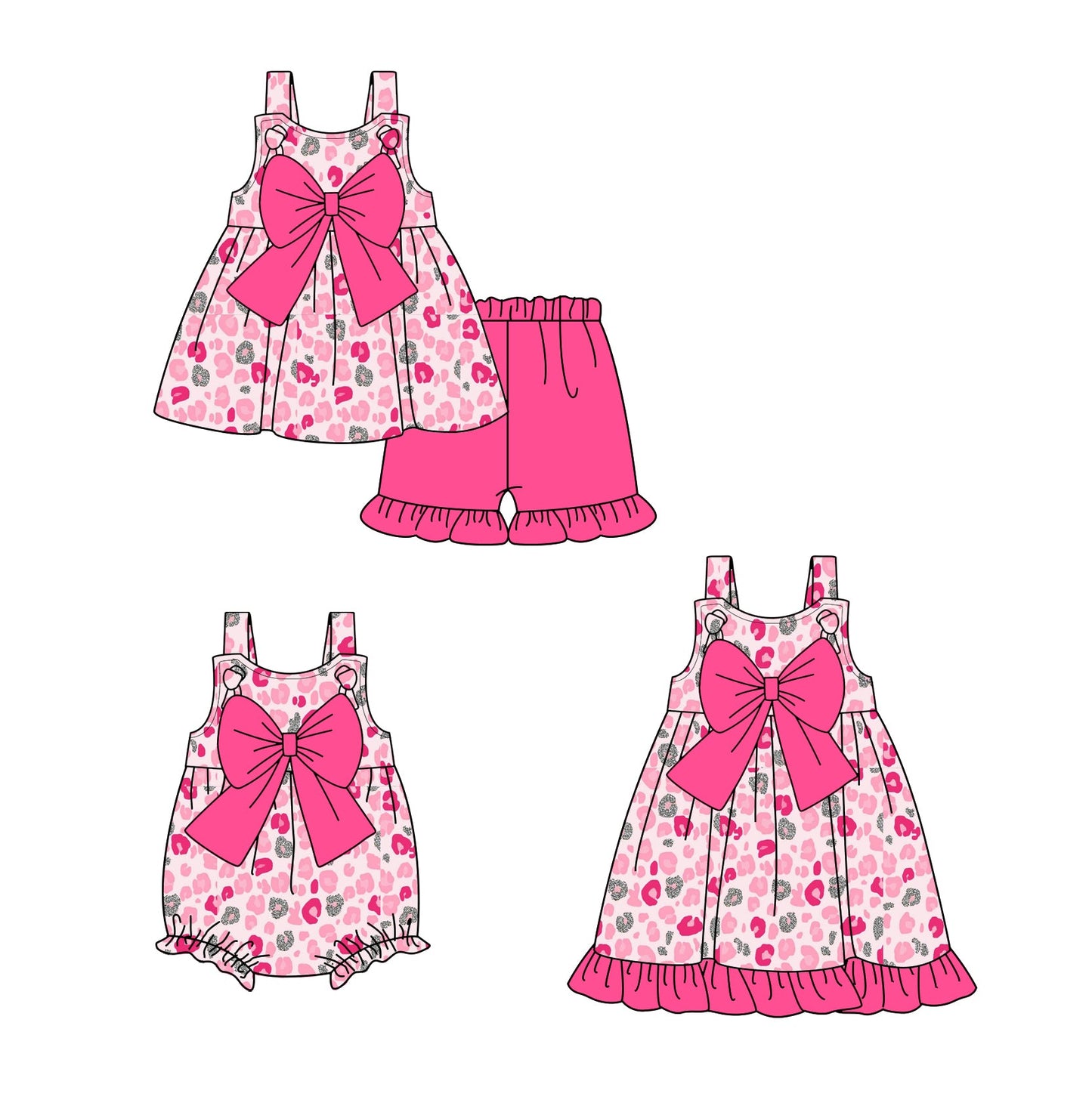 Baby Girl Straps Leopard Pink Bows Sibling Romper Dress Set ( Moq 5 Each Style ) 1.25