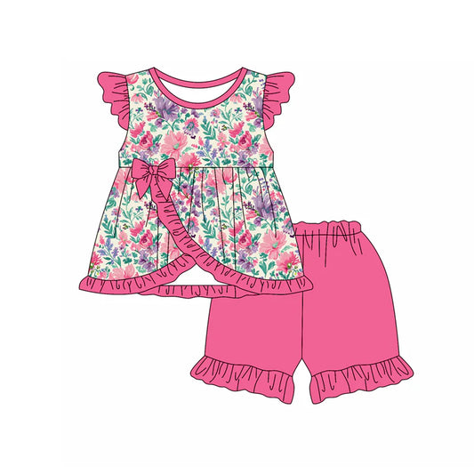 Baby Girl Flutter Sleeves Floral Bows Tunic Ruffle Shorts Set ( Moq 5 )