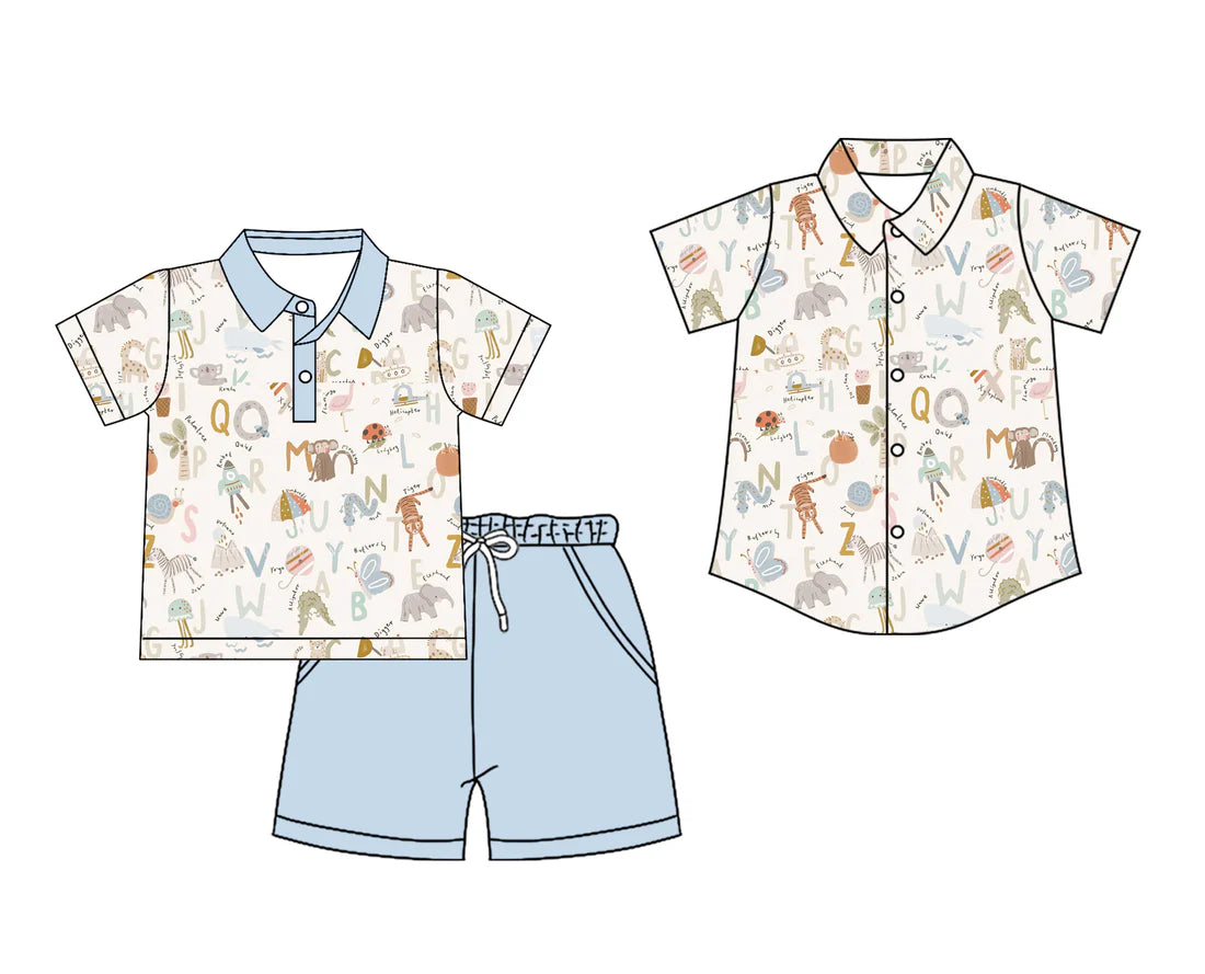 ( Moq 5 Each Style ) Baby Boy Toddler Short Sleeves Animals Back to School Buttons Shirt Set