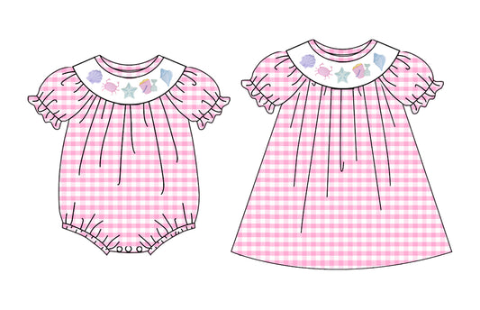( Moq 5 Each Style ) Sibling Baby Girls Kids Short Sleeves Pink Plaid Summer Romper Dress