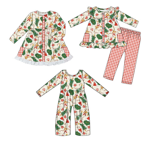 ( Moq 5 Each Style ) Baby Girl Toddler Green Face Dogs Christmas Sibling Jumpsuit Dress Set