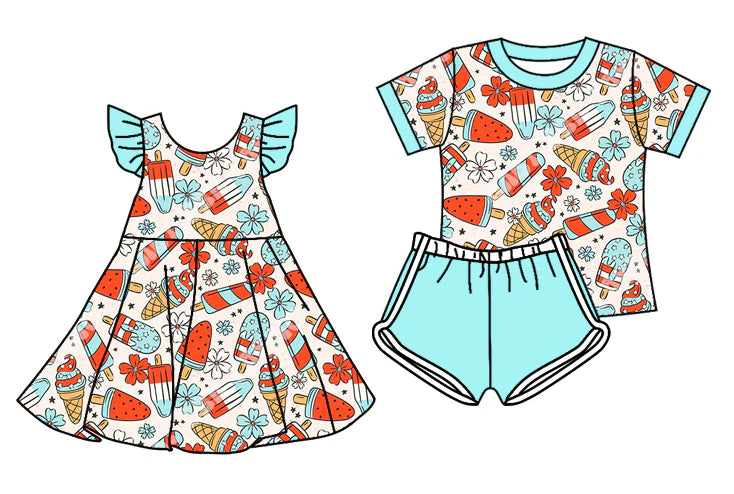 ( Moq 5 Each Style ) Baby Girls Kids Short Sleeves Popsicles Flower Sibling 4th of July Dress Set