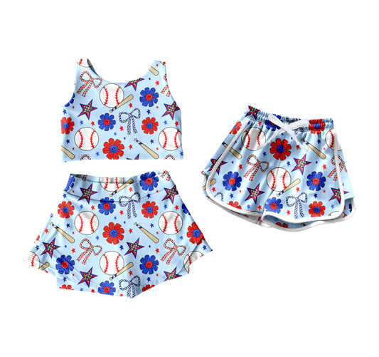 ( Moq 5 Each Style ) Baby Girl Sleeveless Baseball Bows Sibling Blue Shorts Set 4.18