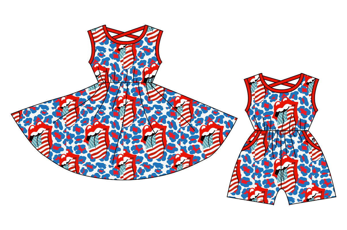 Baby Girl July 4th Tongues Leopard Sibling Dress Jumpsuit ( Moq 5 Each Style ) 12.25