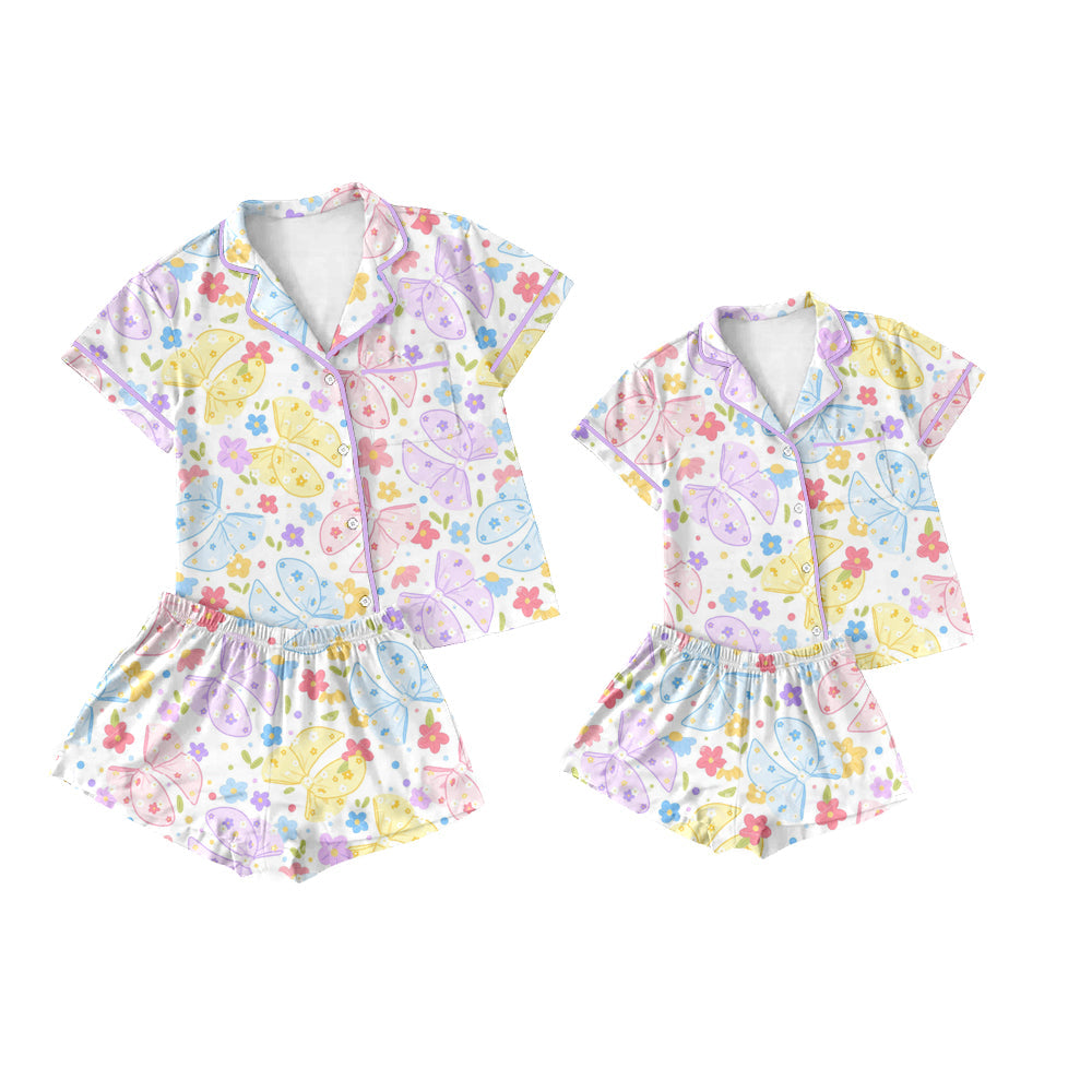 Baby Girl Adult Women Short Sleeves Bows Flower Sibling Pajamas Set ( Moq 5 Each Style ) 3.21